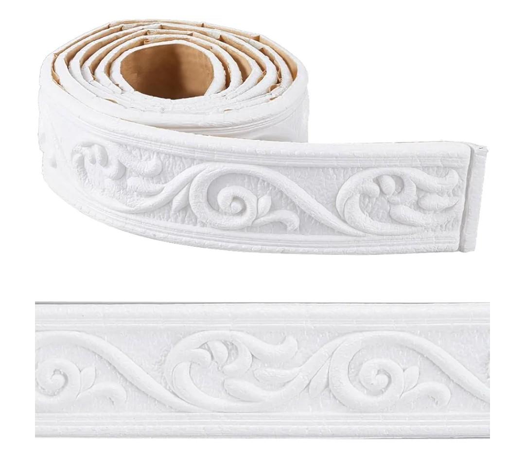 CRASPIRE 88 x 2 inch Crown Molding Peel and Stick 3D Flexible Foam Wall Trim White Self Adhesive Wallpaper Border Sticky Decorative Edging Baseboard Lines for Mirror Border Wall Hotel DIY Decor