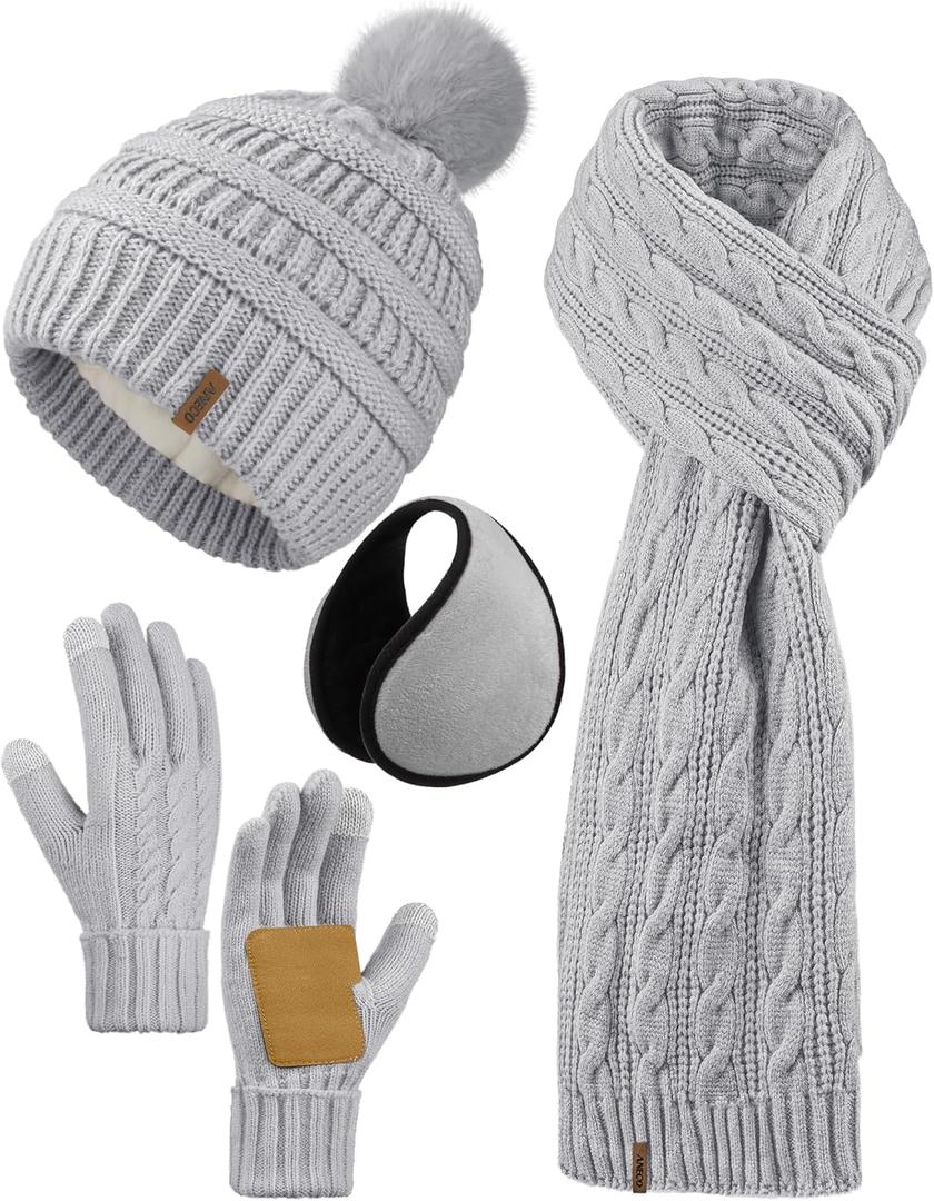 Aneco 4-in-1 Women Winter Beanie Hat Scarf Touchscreen Gloves Ear Warmer Set Fleece Lined Warm Knit Skull Cap with Pom Pom (Light Gray)