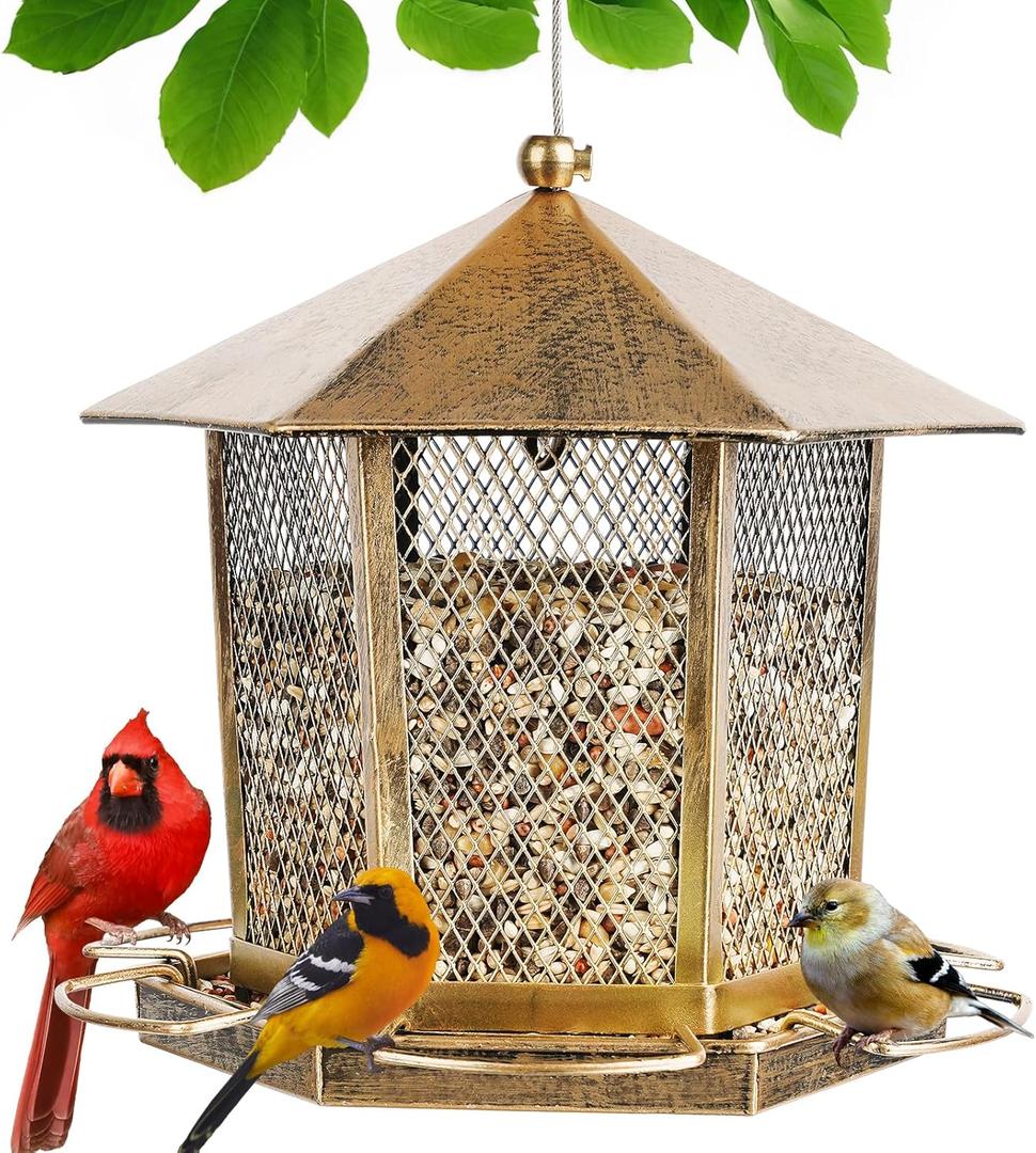 Wild Birds Feeder, Finch Bird Feeder for Outdoors, Metal Hexagonal Gazebo Birdfeeder for Garden Patio Outside Hanging (Bronze)