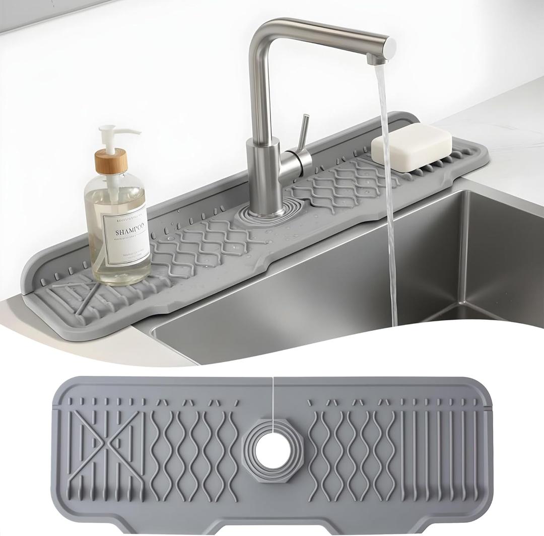 Extra Thick Silicone Faucet Mat for Kitchen & Bathroom Sink 17" x 6" Sink Splash Guard & Drip Catcher, Fast Drain Slope Design, Non-Slip, Flexible Silicone, Universal Fit