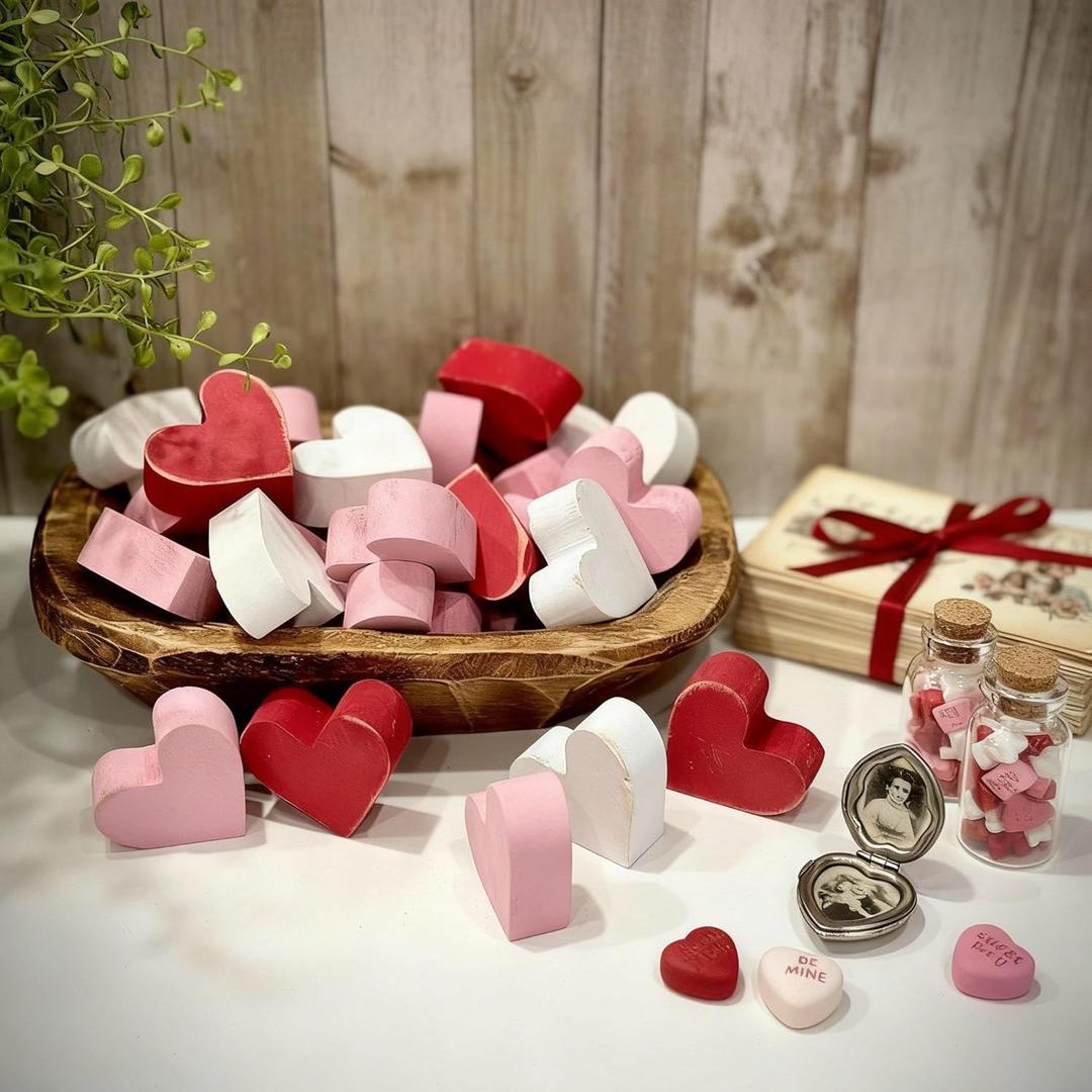 Amyhill 18Pcs Rustic Valentines Day Wooden Heart Decor Bowl Fillers Decoration for Bowl Home Tiered Tray Farmhouse Mini DIY Sign Table Centerpiece for Bridal Gift Anniversar(Vintage Pink)