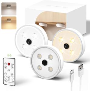 EZVALO Motion Sensor Puck Lights 3Pack, 1200mAh Rechargeable Under Cabinet Lights, 2 Color Temps LED Closet Light Group Control, Dimmable LED Under Counter Light for Kitchen, Cabinet, Stairs
