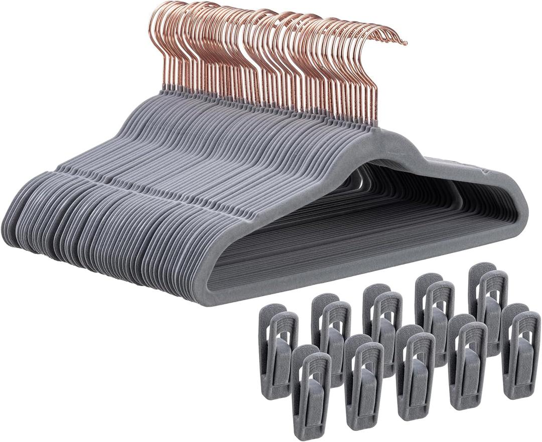 Tonswachic 50-Pack 14 Inch Children's Closet Hangers with 10 Clips - Soft Velvet Non-Slip Hangers for Kids & Teen Clothes (Grey)