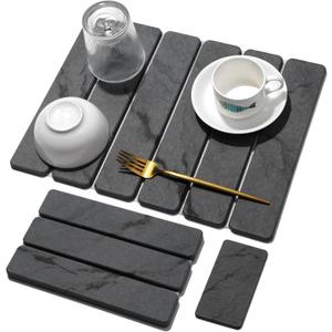 Small Stone Dish Drying Mat for Kitchen Counter, 2 PCS 16"12" & 8"x4" Quick Dry Stone Mats, Foldable Water Absorbing Diatomaceous Earth Drying Dish Pad for Countertop Bottles Utensils Cups(Dark Gray)