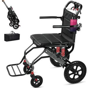 Transport Wheelchair Lightweight Foldable with Shock Absorber Spring, Carbon Fiber Wrap Travel Wheelchairs for Adults Seniors, Padded Transport Chair with Telescopic Handle Support 220lbs