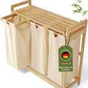 Laundry Hamper 3 Section beige - Large Bamboo Laundry Sorter with Removable Cotton Bags -Three Compartment Organizer for Clothes - Durable, Eco-Friendly, and Stylish Storage Solution for Home (No Wheels)
