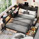 Feonase Twin Corner Bed Frame with Storage Drawers, Hidden Headboard, Dark Black