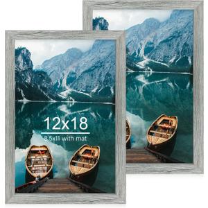 12x18 Frame Set of 2, Rustic Grey Wood Style, Display 12 x 18 Poster without Mat or 8.5x11 Picture with Mat, Wall Mounting Horizontal and Vertical