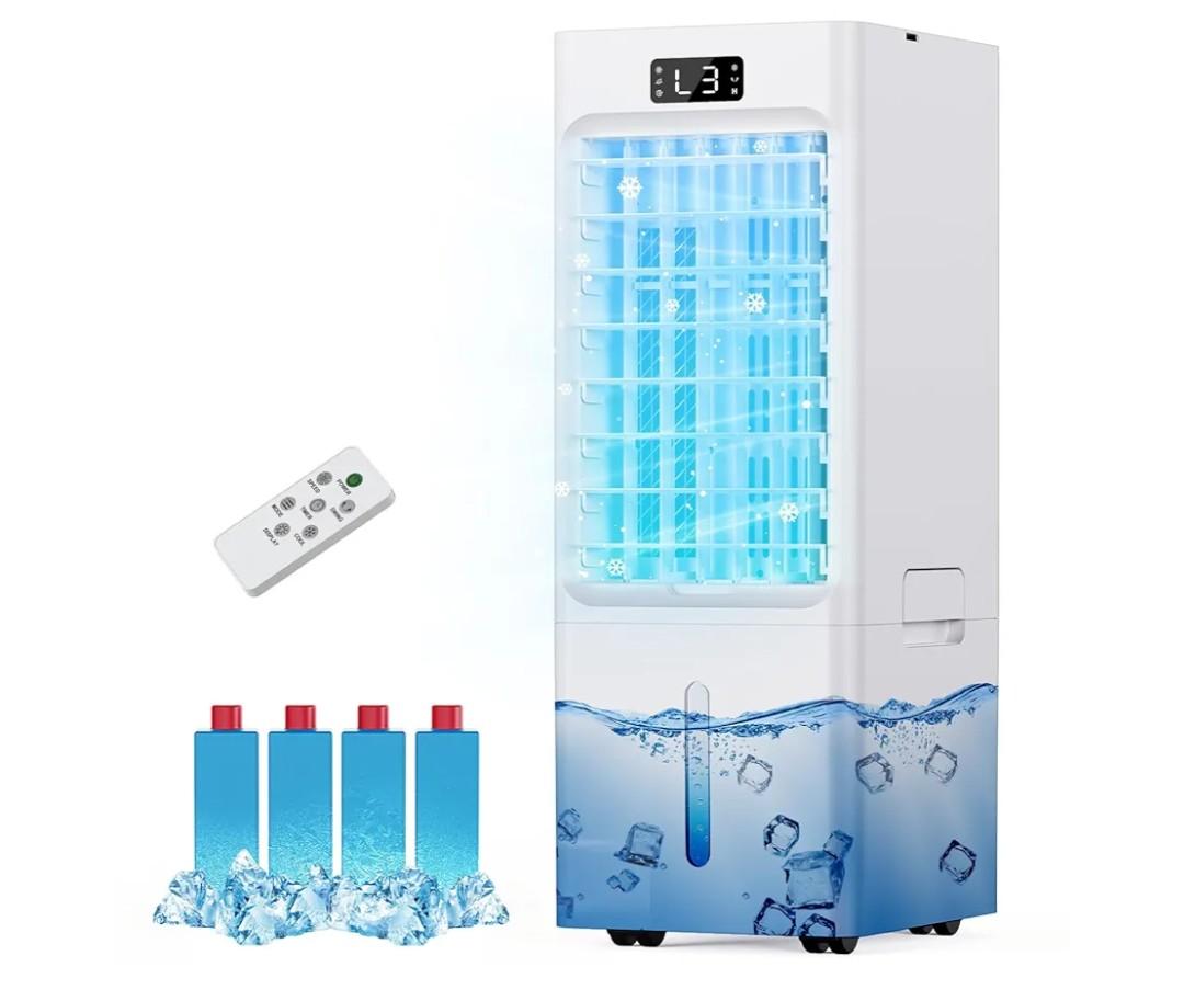 Windowless Portable Air Conditioners, 3-IN-1 Evaporative Air Cooler, 6L Swamp Cooler with 4 Ice Packs, 4 Modes & 3 Speeds, Auto Oscillating, 12H Timer, 17FT Remote, Cooling Fan for Home