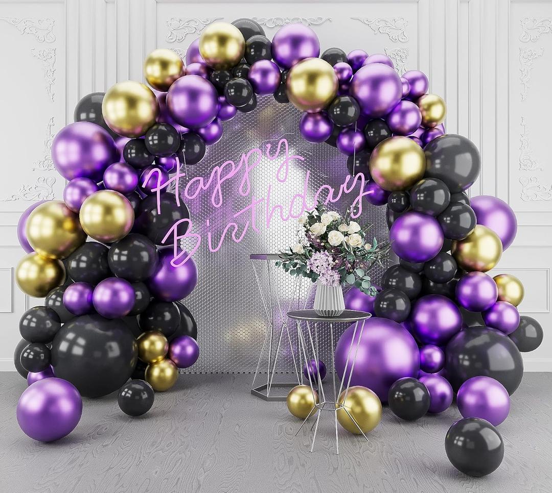 Metallic Purple Black Balloons Garland Arch Kit-123Pcs for Baby Shower, Birthday, Graduation, Engagement, Anniversary with Black & Gold Accents