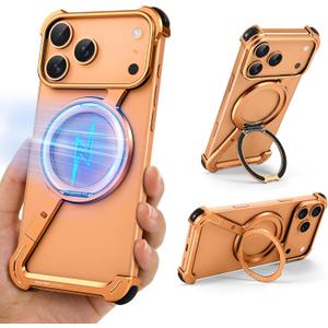 Z Metal Case for iPhone 17 Pro Max Frameless, Aluminum Alloy Bumper Compatible with Magsafe Kickstand Minimalist Shockproof Cool Cover Hard Shell with 360Ring Holder Magnetic Stand, Orange