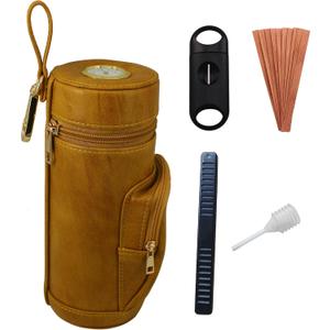 DECKEEP Yellow Brown Cylindrical Cigar Jar, Portable Cigar Humidor Case with Cigars V-Cut Cigar Cutter,Cedar Wood Strips,Front Useful Cigar Accessories Pocket Pouch,Hold 5 Cigars (Brown)