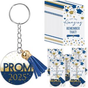 50 Sets Class of 2025 Graduation Prom Gifts Inspirational Keychain Motivational Congratulations Cards for Graduation Party (Blue)