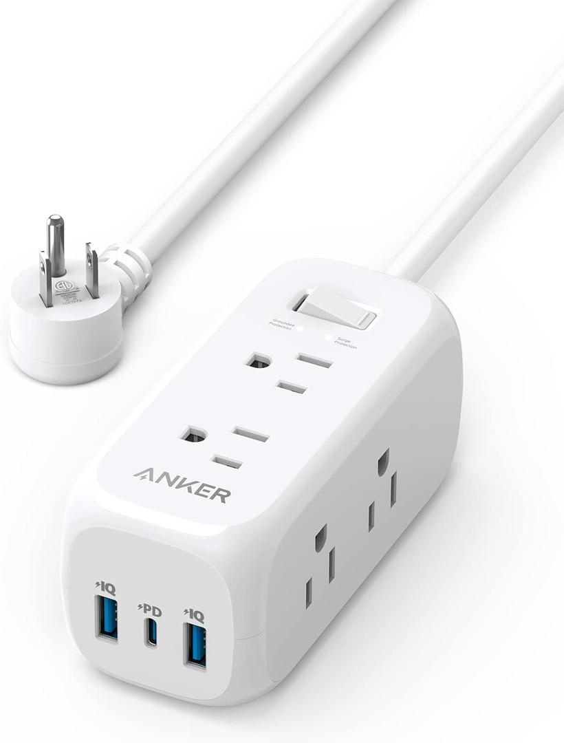 Anker USB C Power Strip Surge Protector(300J), 6 Outlets, 20W Power Delivery, 3-Side Outlet Extender, 5ft Extension Cord, TUV Listed, Ideal for Desk use, Compact for Small Spaces (5 FT, White)