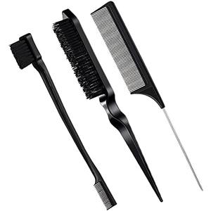 Geiserailie 2 Pcs Slick Back Hair Brush Set Bristle Brush Edge Control Teasing Comb for Women Black Hair(Black)