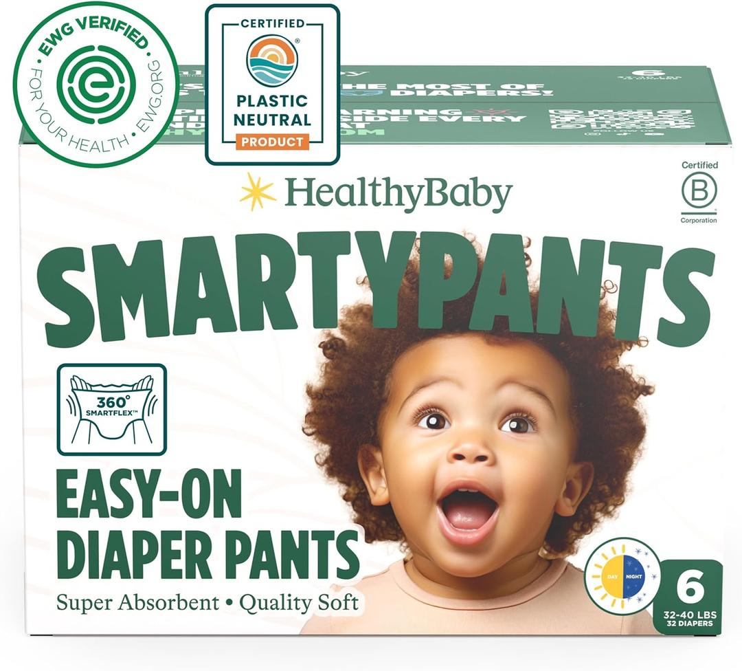 SmartyPants Pull Up Style Diapers | EWG Verified Safe & Plant-Based | Quilted 360 Waistband, Super Absorbent for Overnight Leak Protection | Training Pants by HealthyBaby | Size 6 (32 Count)