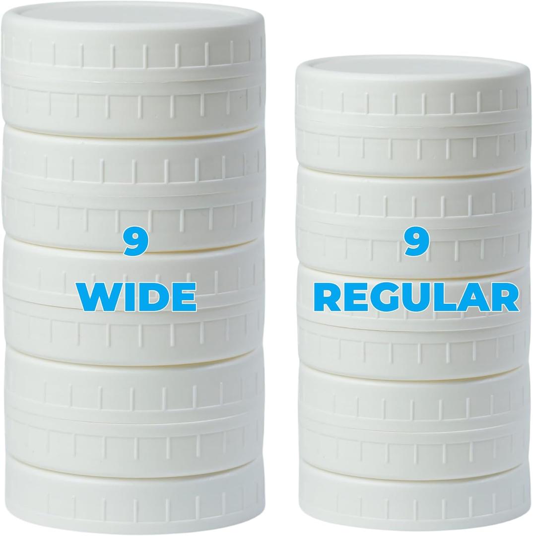Bedgeta 18 Pack White Plastic Mason Jar Lids with Silicone Rings, 9 Wide Mouth & 9 Regular Mouth Canning Lids for Ball & Kerr and More, 86mm &70mm Plastic Mason Jar Lids