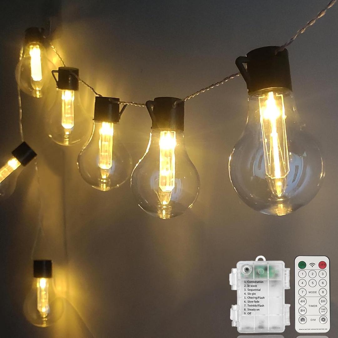 Vintage Christmas Lights Battery Powered 6.5Ft 10 LED Edison Hanging Lights with Remote Timer, Indoor Fairy Lights Shatterproof Outdoor Patio String Lights for Bedroom Garden Camping Christmas Decor