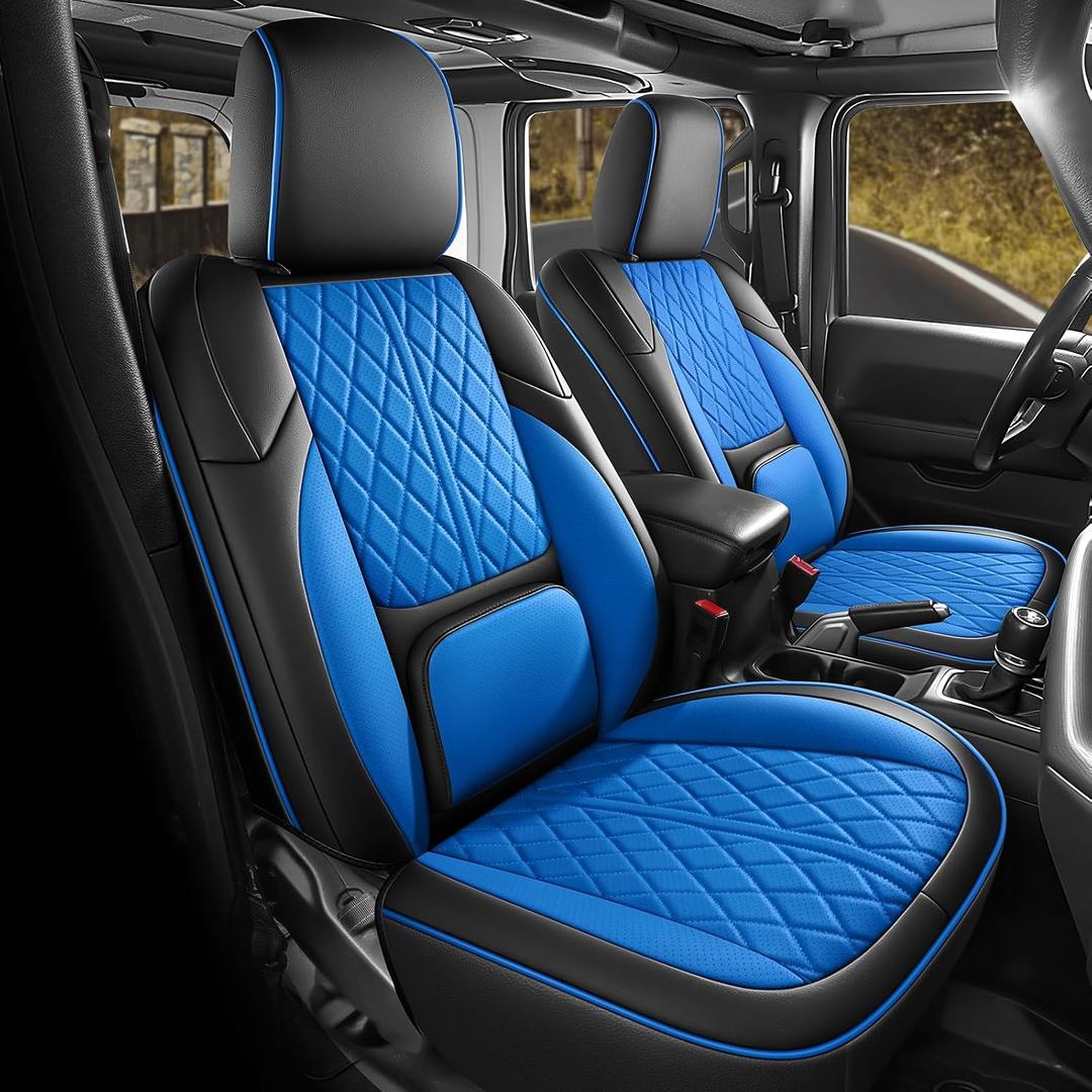 Seat Covers Custom Fit for Wrangler JL 2018-2026 4 Door W/O Rear Cup Holder, Luxury Waterproof Leather Seat Protectors(BlackBlue, Full Set)