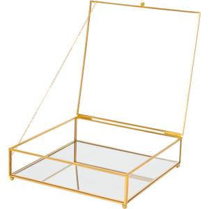 Square Glass Display Box with Lid Handmade, Mirrored Bottom, Geometric Jewelry Box for Display, Brass & HD-Glass for Jewelry Trinket Book Photo, Keepsake Organizer, Home Decor, Gold (Low: 8.9"L  8.9"W  2.6"H)