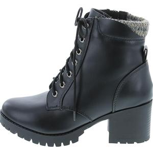 Soda Single Lug Sole Chunky Heel Combat Ankle Boot Lace up w/Side Zipper (Black Pu, 9)