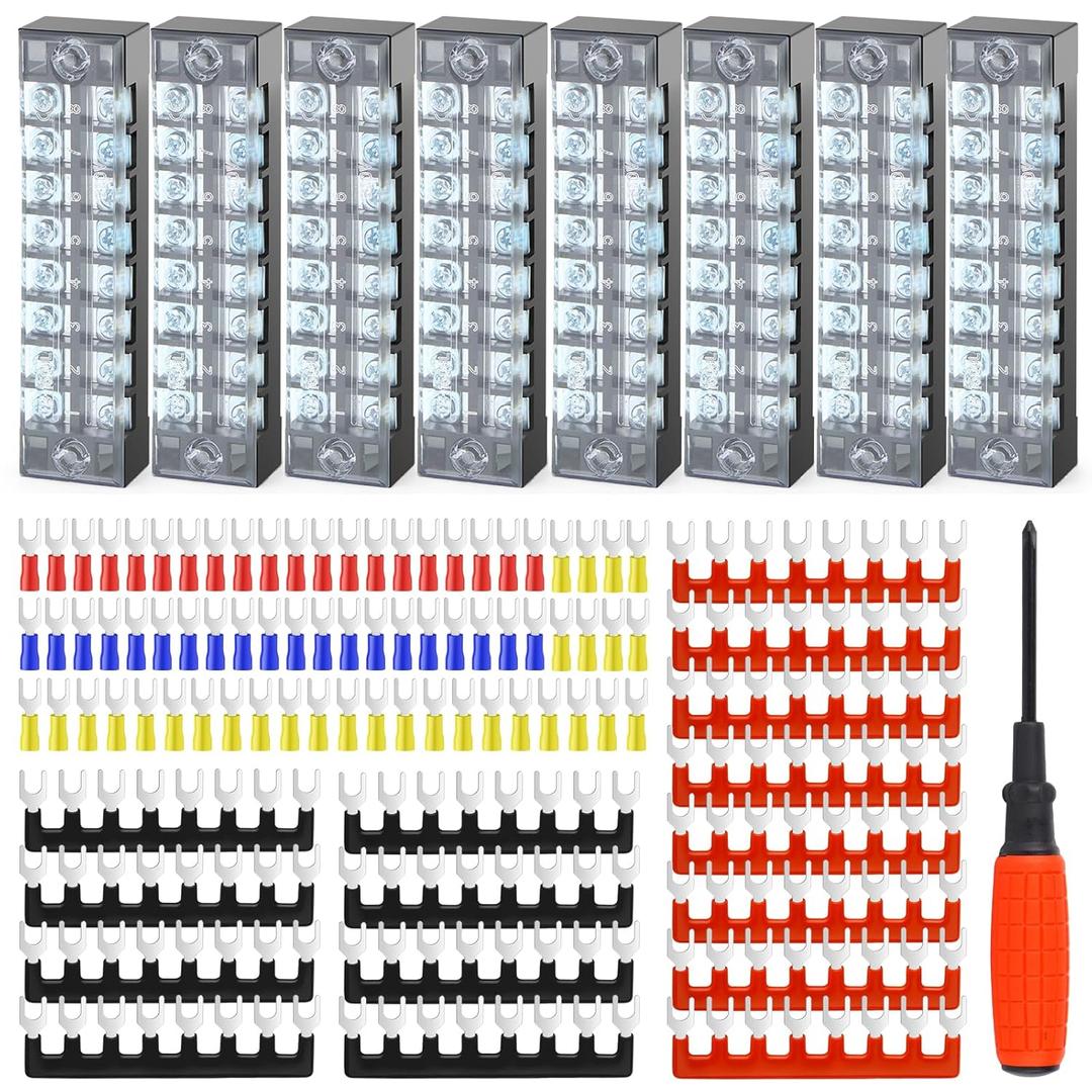 8 Sets Terminals Block Strips, 8Pcs 15A 600V 8 Positions Screw Terminal Block + 16Pcs Insulated Terminals Barrier Strip + 70Pcs Wire Connector + Screwdriver