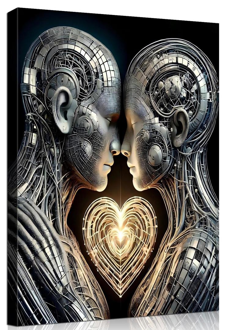 Framed 3D Love Wall Art Canvas Mural Futurist Gallery Couple Fantasy Robot Romantic Poster Art Bedroom Living Room Office Game Room High tech Aesthetic Decoration 16x24 inches
