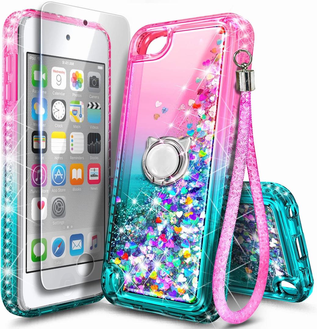 NGB iPod Touch 7 Case, iPod Touch 6/5 Case with HD Screen Protector and Ring Holder for Girls Women Kids, Glitter Liquid Soft TPU Clear Cute Case for Apple iPod Touch 7th/6th/5th Generation -Pink/Aqua
