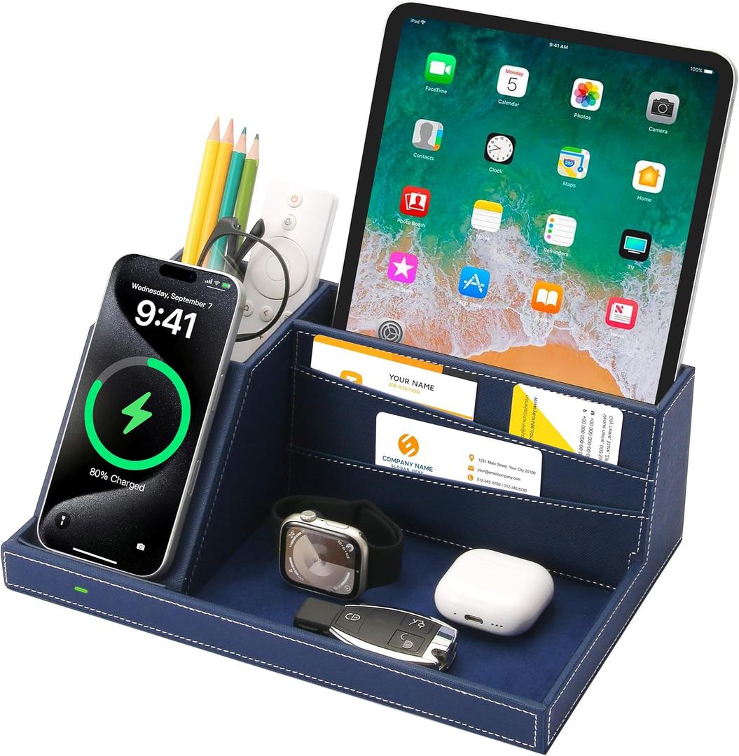 Desk Organizer with Charging Station, Nightstand Organizer Phone Docking Station, Men Gift Husband Wife Anniversary Dad Birthday Nightstand Purse Father Graduation Male Travel Idea Gadgets (Blue)