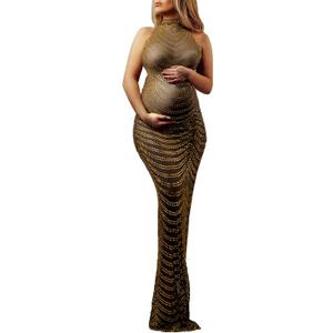 Dedysler Maternity Photography Gown Sleeveless Sexy Shiny Rhinestone Photoshoot Dress for Baby Shower (Brown, XXL)