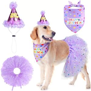 SCENEREAL Dog Birthday Bandana with Hat and Dress Girl Set, Large Dog Birthday Party Supplies, Cute Tutu Skirt Outfit for Medium Big Dogs