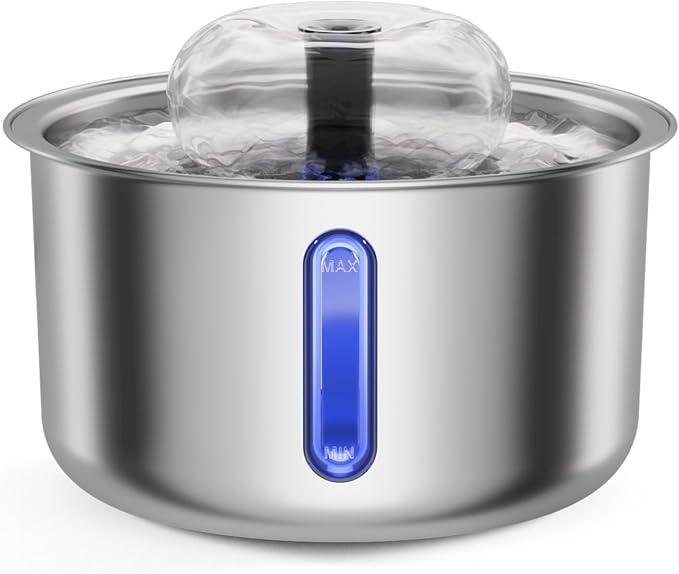 Stainless Steel Cat Water Fountain, 84oz/2.5L Automatic Pet Fountain Dog Water Dispenser with Replacement Filters & Silicone Mat for Cats, Dogs, Multiple Pets