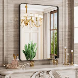 Black Bathroom Mirror 24X36 Inch, Black Metal Framed Mirror for Wall, Rounded Rectangle Matte Bathroom Vanity Mirror with Tempered Glass, Anti-Rust, Horizontal/Vertical, Black