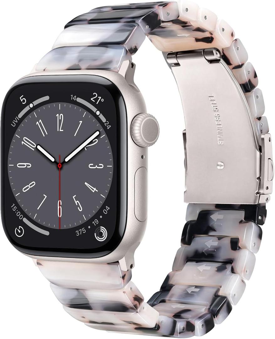 V.R.HOPE Apple Watch Band for Series 11/10/9/8/7/Ultra3 46mm 45mm 44mm 42mm 49mm Fashion Lightweight Resin Dressy Strap for Women Bracelet Compatible with iWatch 6/5/4/3/2/1/SE (Black Floral-Starlight)