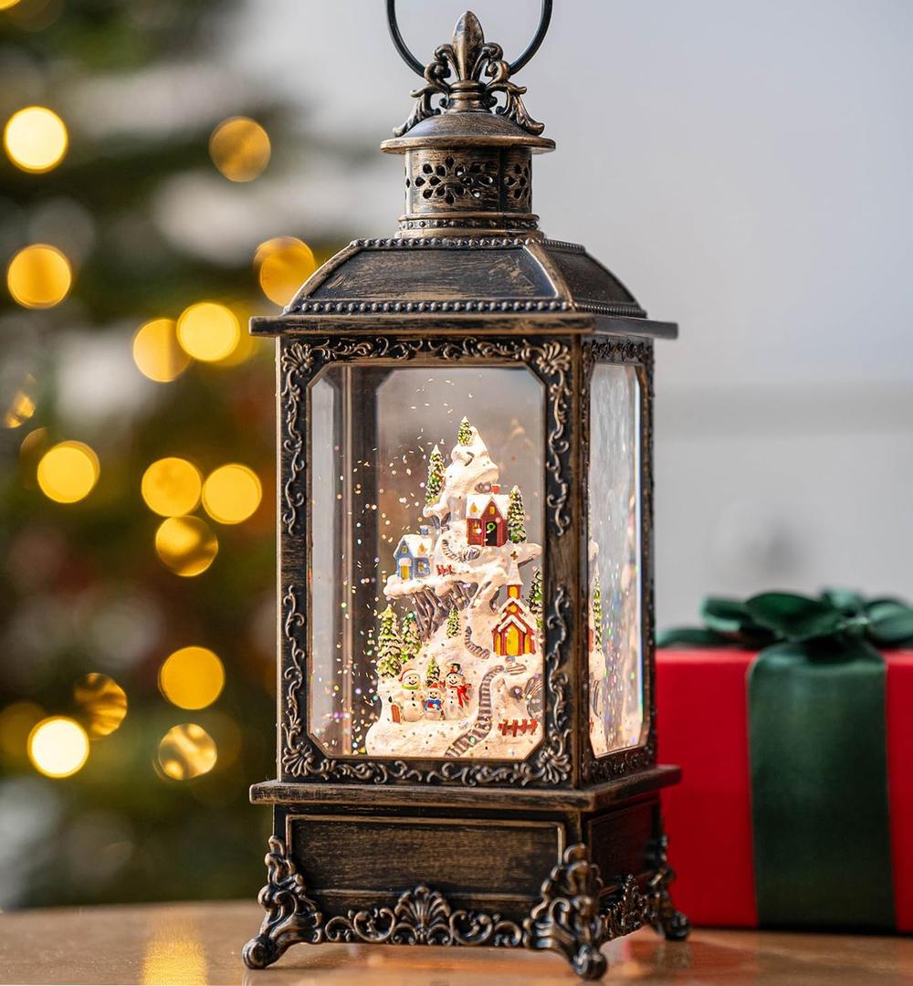 Christmas Village Buildings Snow Globe Lantern Water Glittering Snowman Family with Music & Timer, USB Lined/Battery Operated Lighted Lantern for Christmas Festival Decoration Gifts (11.6'' Xmas Village)