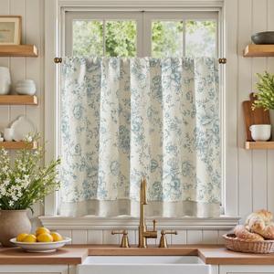 jinchan Linen Kitchen Curtain 36 Inch French Floral Double Layer Curtain Farmhouse Vintage Tier Drape Rustic Half Window Curtain for Living Room Window Treatment Rod Pocket 1 Panel Blue on Beige