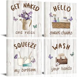 xiysien Bathroom Wall Art Rustic Bath Sign Wall Decor Hello Sweet Check Wash Your Hands Print Paintings Artwork for Bathroom Ready to Hang 12''x12''x4PCS
