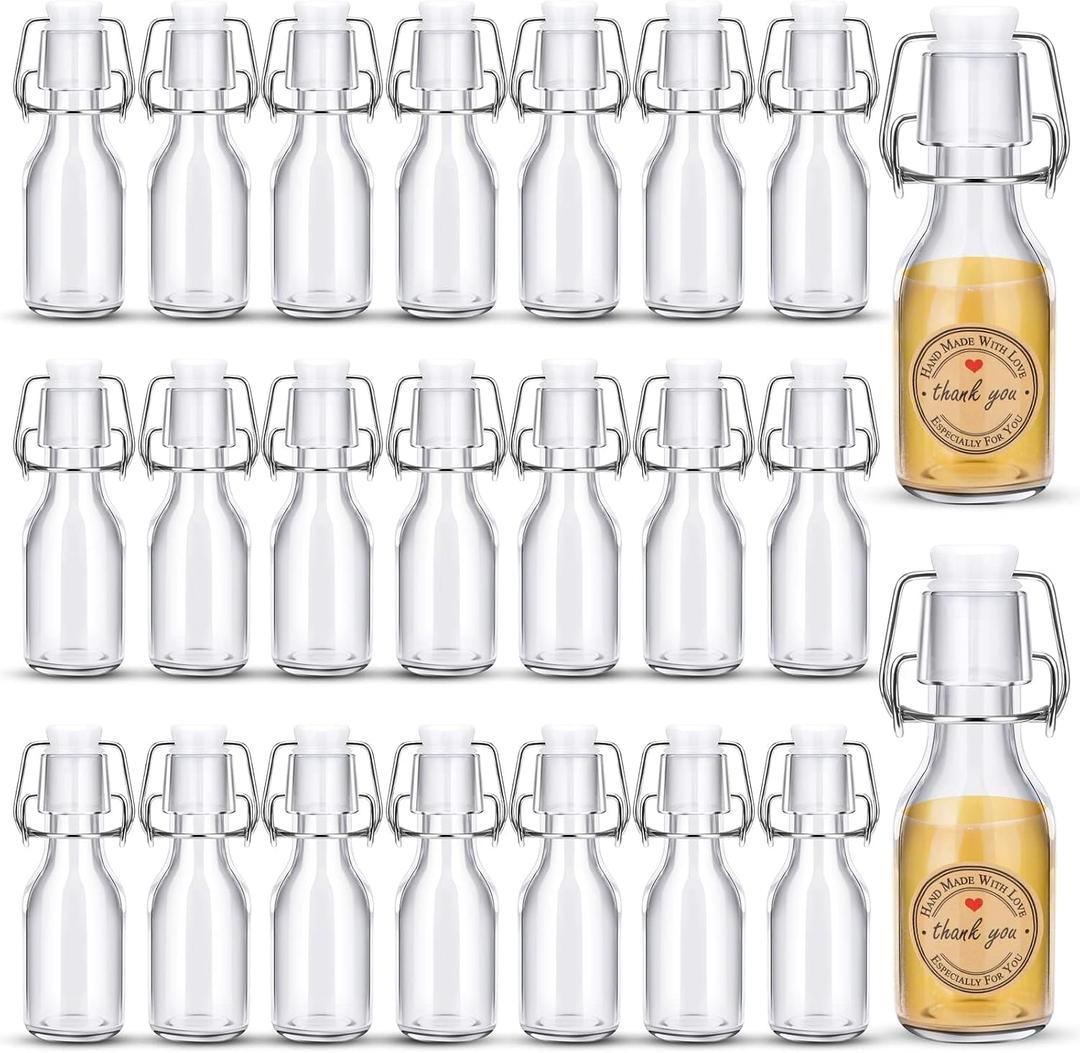 24 PCS Mini Flip Top Glass Bottle with Stoppers Decorative Small Swing Top Glass Bottles with Lids Kraft Adhesive Round Stickers for Wedding Themed Party Gift(4OZ/120 ml)