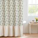 MUGINYU Linen Textured Ruffle Shower Curtain - Vintage Floral Block Print in Beige and Green, Boho Cottagecore Farmhouse French Country Bathroom Decor Set, 72x72 Inches