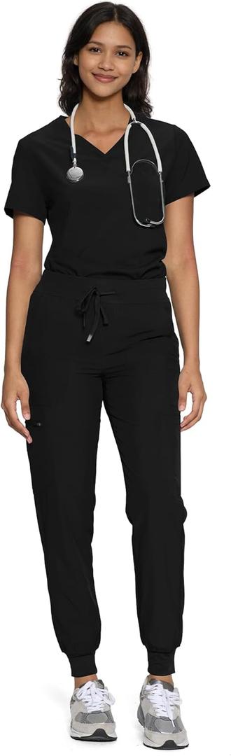 floralhue Scrubs for Women, Women's Medical Scrub Sets, V-Neck Scrubs Top & Cargo Pants with 12 Pockets, Black, L