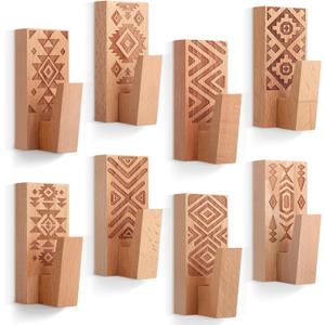 Amyhill 8 Pack Boho Decorative Wood Adhesive Wall Hooks, Boho Wooden Hooks for Hanging Hat, Coat, Jacket - No Damage Wall Mount Towel Hangers Key Holder, Bathroom Kitchen Decor(Classic Color)
