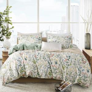 Floral Queen Comforter Set Soft Cotton Cute Floral Bedding Comforter Sets Garden Style Green Flower Print Botanical Flowers Queen Comforter Set for All Seasons 1 Comforter and 1 Pillowcases (Queen(90"x90"))