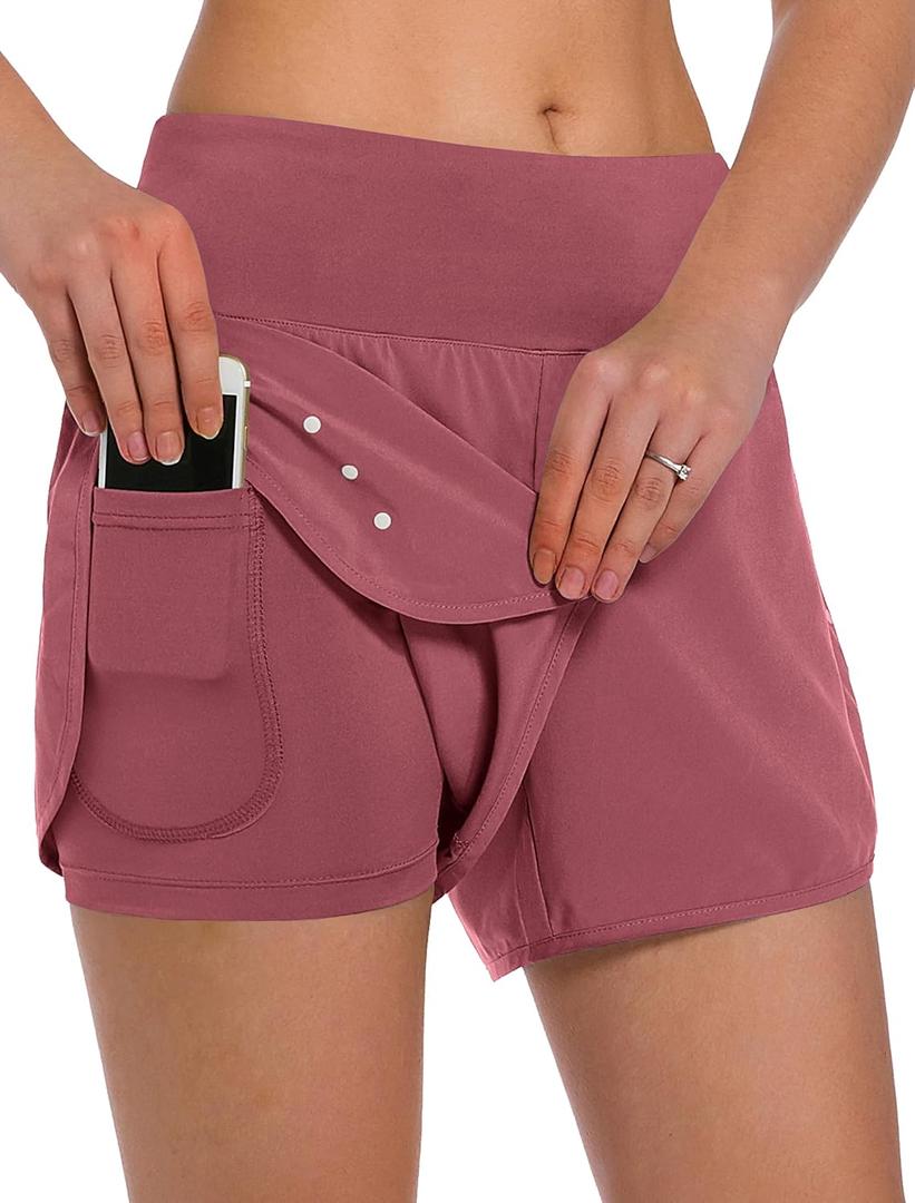 Ksmien Women's 2 in 1 Running Shorts - Lightweight Athletic Workout Gym Yoga Shorts Liner with Phone Pockets (Light Wine Red, S)