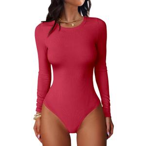 ANRABESS Women Long Sleeve Crew Neck Bodysuits Top 2025 Fall Slim Fit Ribbed Knit Soft Basic Tee Shirts (Medium, Bright Red)