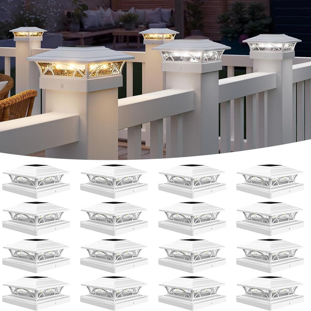 APONUO Solar Post Cap Lights 16 Pack - 4x4 5x5 6x6 Fence Post Lights, Auto On/Off, Waterproof IP64, 2-Mode (Warm/Cool White), Deck Patio Yard Solar Light for Wood & Vinyl Posts, White