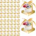 Gerrii 100 Pcs Clear Plastic Individual Cupcake Boxes 3.5" Single Cupcake Containers Transparent Ornament Gift Box with Inserts and Ribbon for Wedding Baby Shower Party Favor(Gold)