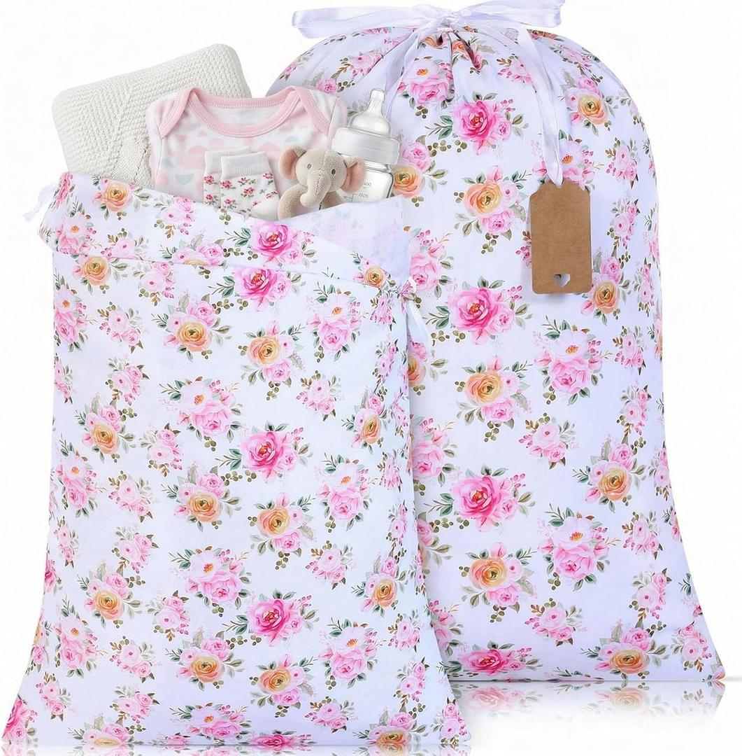 Capoda 2 Pcs Extra Large Baby Shower Drawstring Bags 20 x 28 Inch Foral Baby Shower Wrapping Bags Reusable Fabric Floral Gift Pouches for Birthday Gender Reveal Gift Wrapping Supplies Decoration