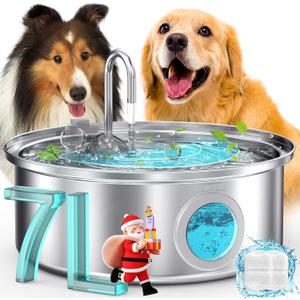 oneisall Dog Water Fountain, 7L/230oz/1.8G Quiet Dog Fountain Water Bowl, Stainless Steel Dog Water Fountain with Visual Water Level&Triple Filtration for Large Medium Small Breed Dogs Pets