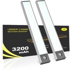 Under Cabinet Lighting, 3200mAh Wireless Motion Sensor Light Indoor, 180lm Rechargeable Battery Operated LED Closet Lights, Magnetic Under Counter Lights for Kitchen Stair (8 Inch, Cool White, 2 Pack)