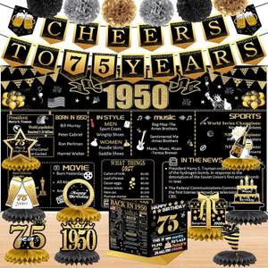 75th Birthday Decorations for Women Men, 18PCS Black Gold Back in 1950 Banner Decorations, Bday Backdrop, 75 Year Old Banner for Grandma Grandpa, Birthday Card, 6 Paper Poms 9 Honeycomb Balls